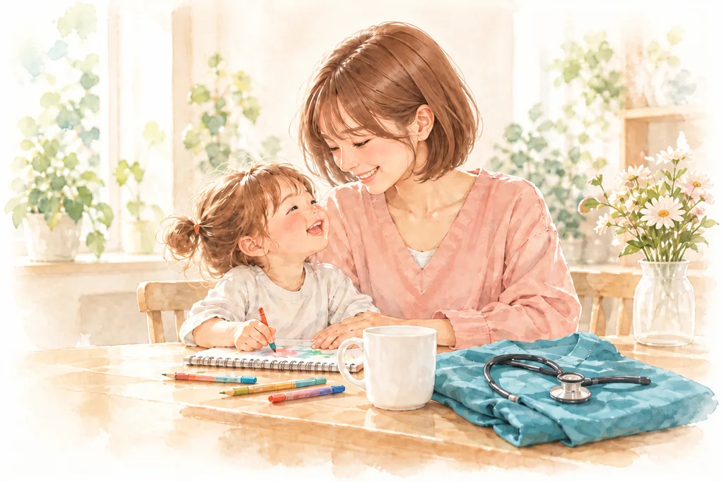 明るいブラウンのボブの母親と、楽しそうに絵を描く子どもの水彩イラスト